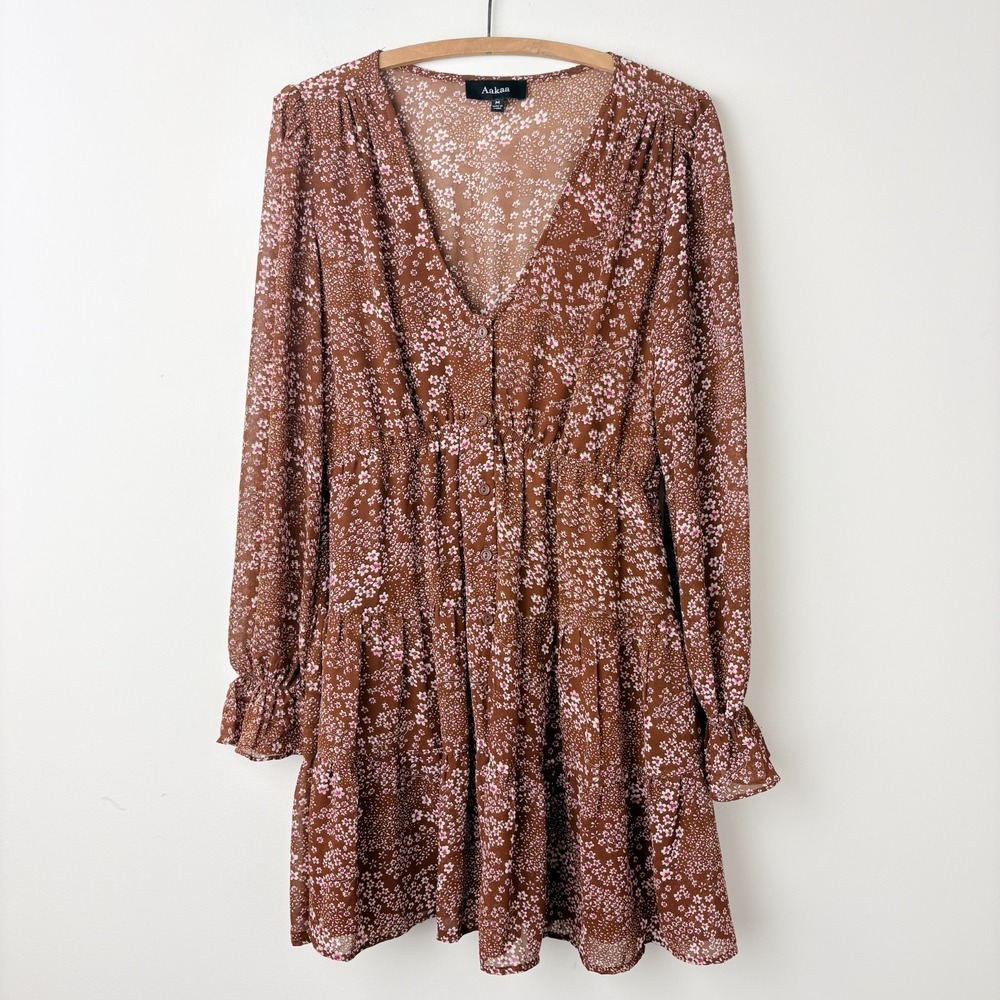 Aakaa Floral Mini Dress M Brown Sheer Tiered Cottage Boho Prairie Romantic Indie